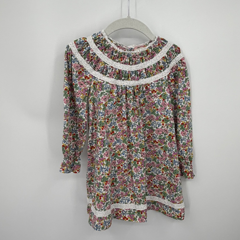 Mini boden Pretty Lace Trim Jersey Dress Soft Ivory Berry Floral 2-3Y years